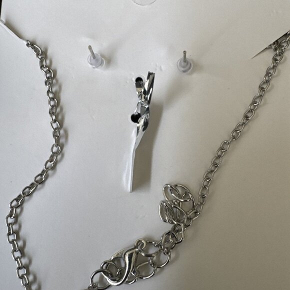 Silvertone Necklace Trio (Set of 3) CZ Necklace Earrings Bracelet BOW Charms NEW - Picture 6 of 7